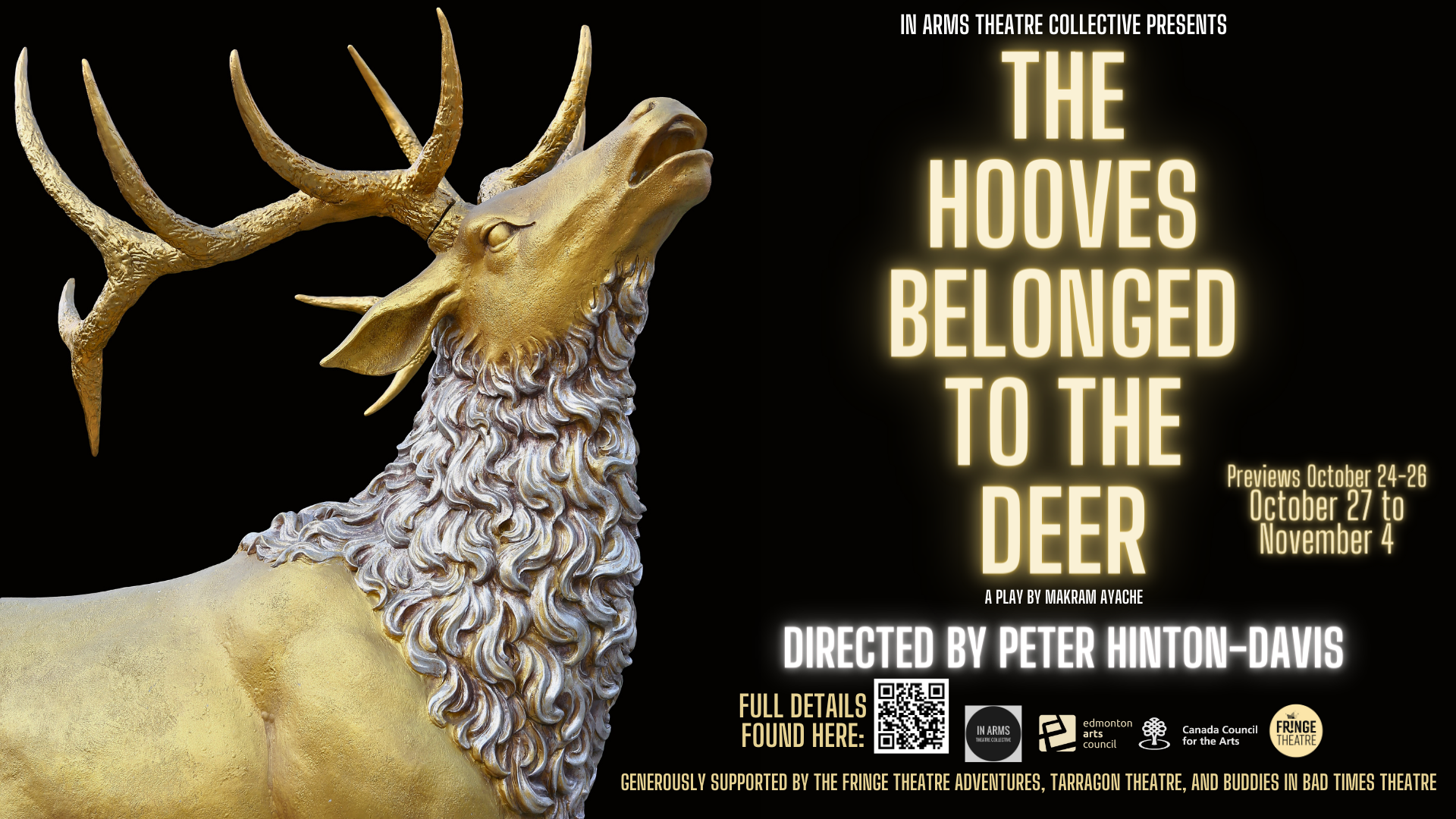 Main poster for The Hooves Belonged to the Deer featuring a golden stag as an image. 