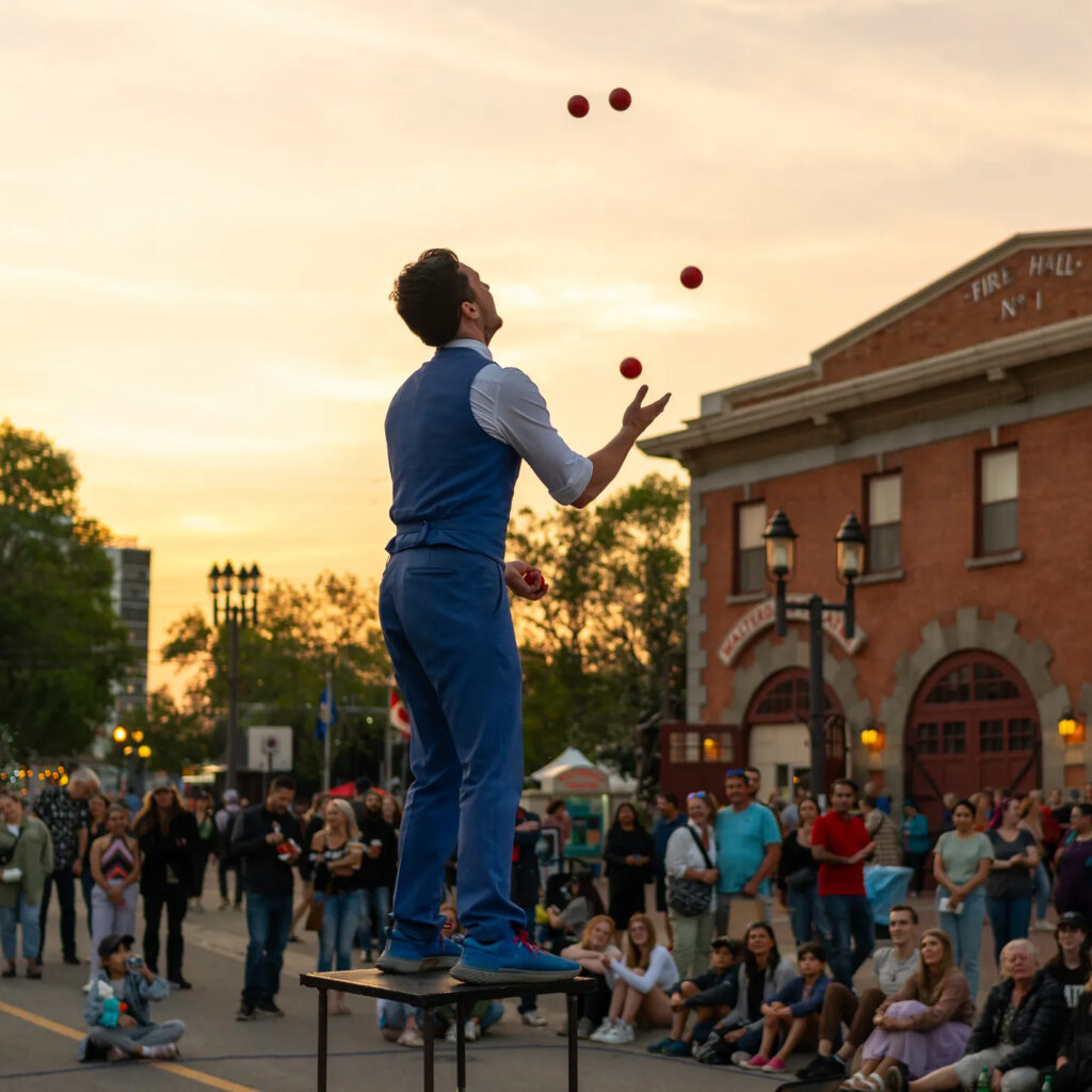 A juggler outdoors at the Edmonton Fringe Festival at sunset