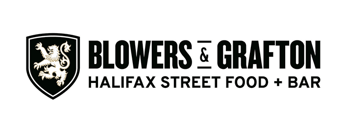 Blowers & Grafton Halifax Street Food + Bar Logo. Black text, black crest with an embellished lion on it.