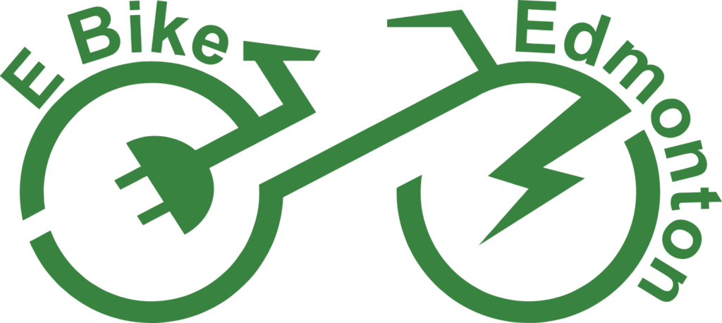 E Bike Edmonton Logo. Green line drawing that looks like a bicycle featuring an electric plug and a lightning bolt.