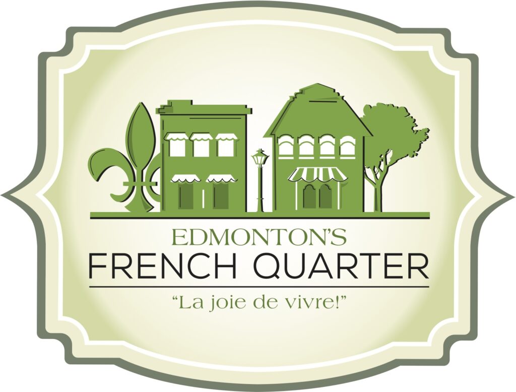 French Quarter BIA logo. Illustration in green: two buildings, one light post, one tree, and a fleur de lis.