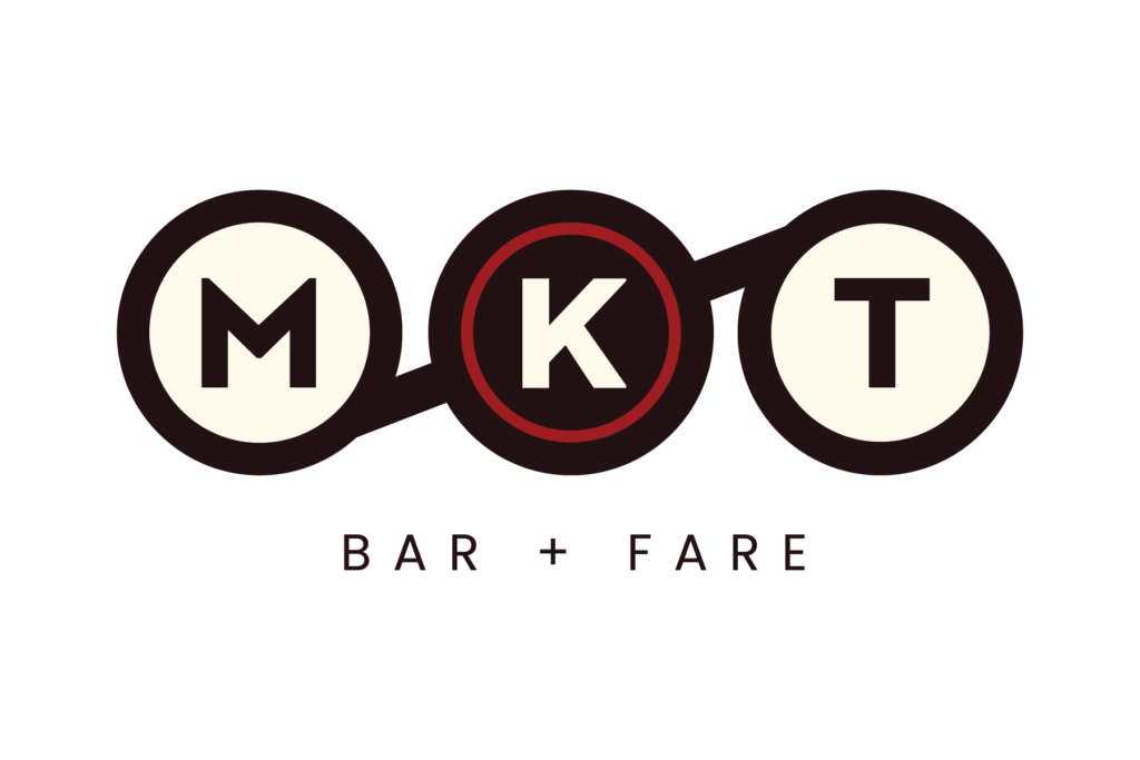 MKT Bar + Fare Logo. Three white circle with black outline and black font. One letter in each circle: M, K, T.