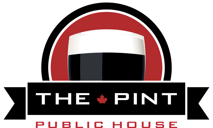 The Pint Public House Logo featuring the head of a pint of stout in black and white with a half circle maroon background.