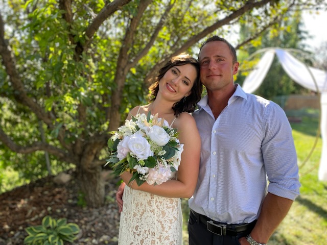 Photo of a couple on their wedding day.